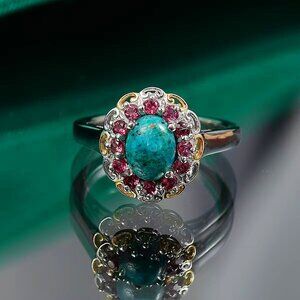 Chrysocolla ✦ Rose Garnet Floral Ring ✦ 1.80ctw 14K YG Platinum Over Silver Sz 5